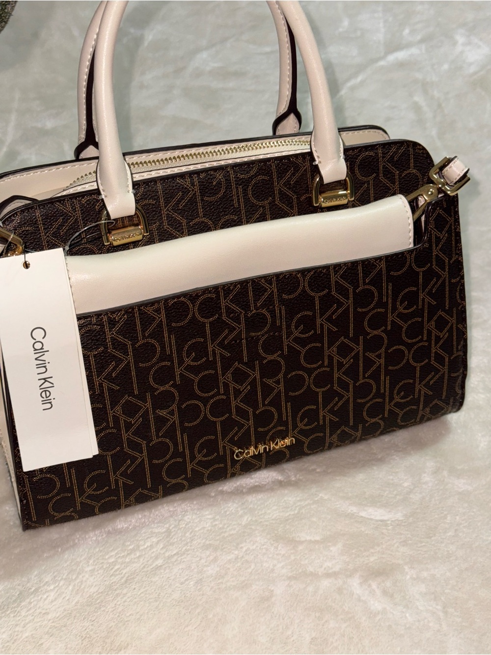 Calvin Klein Brown Logo Satchel with Cream Handles